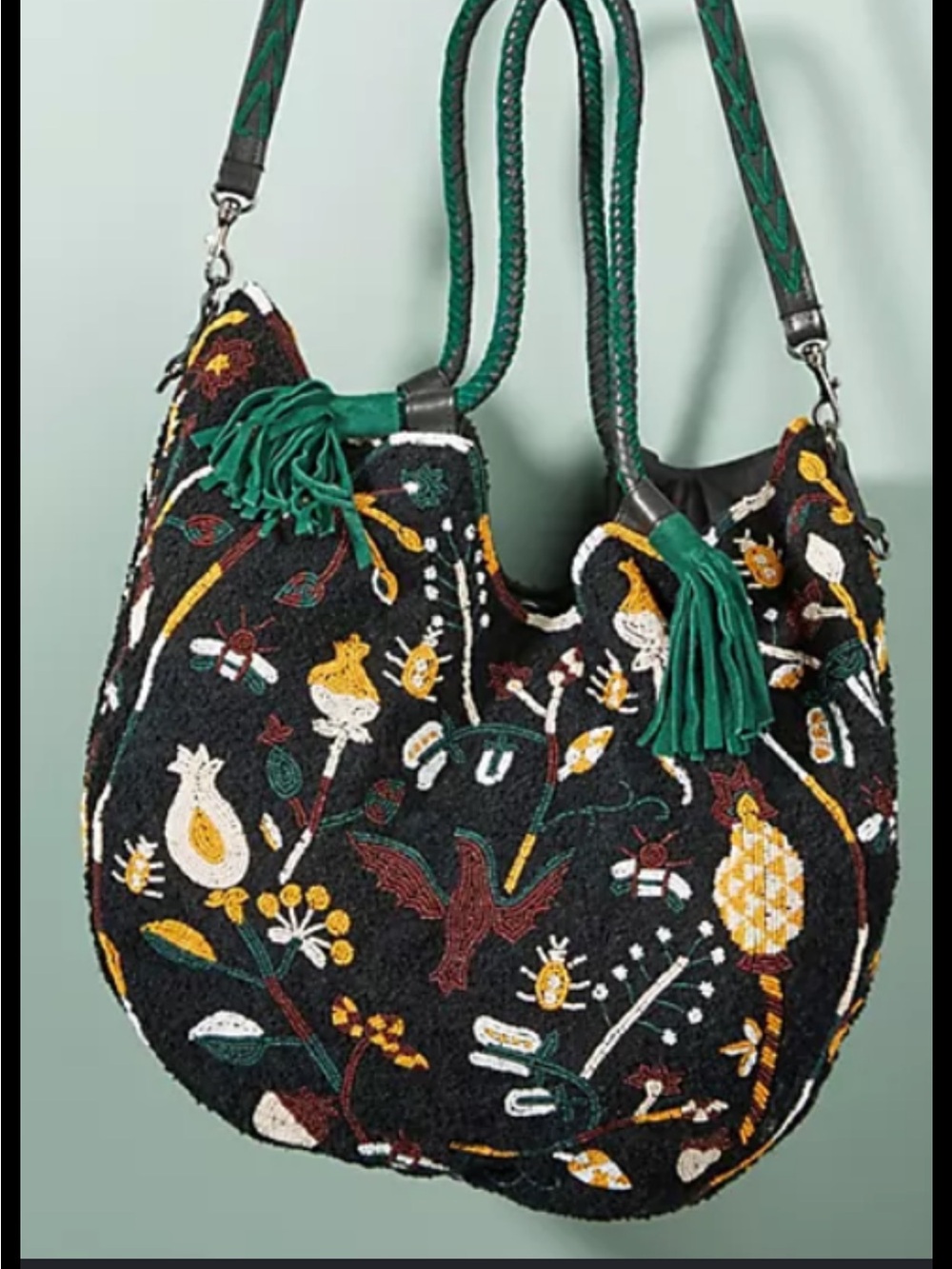 Anthropologie - ibBan - Boho Embroidered Black Tote with Green Tassel Handles